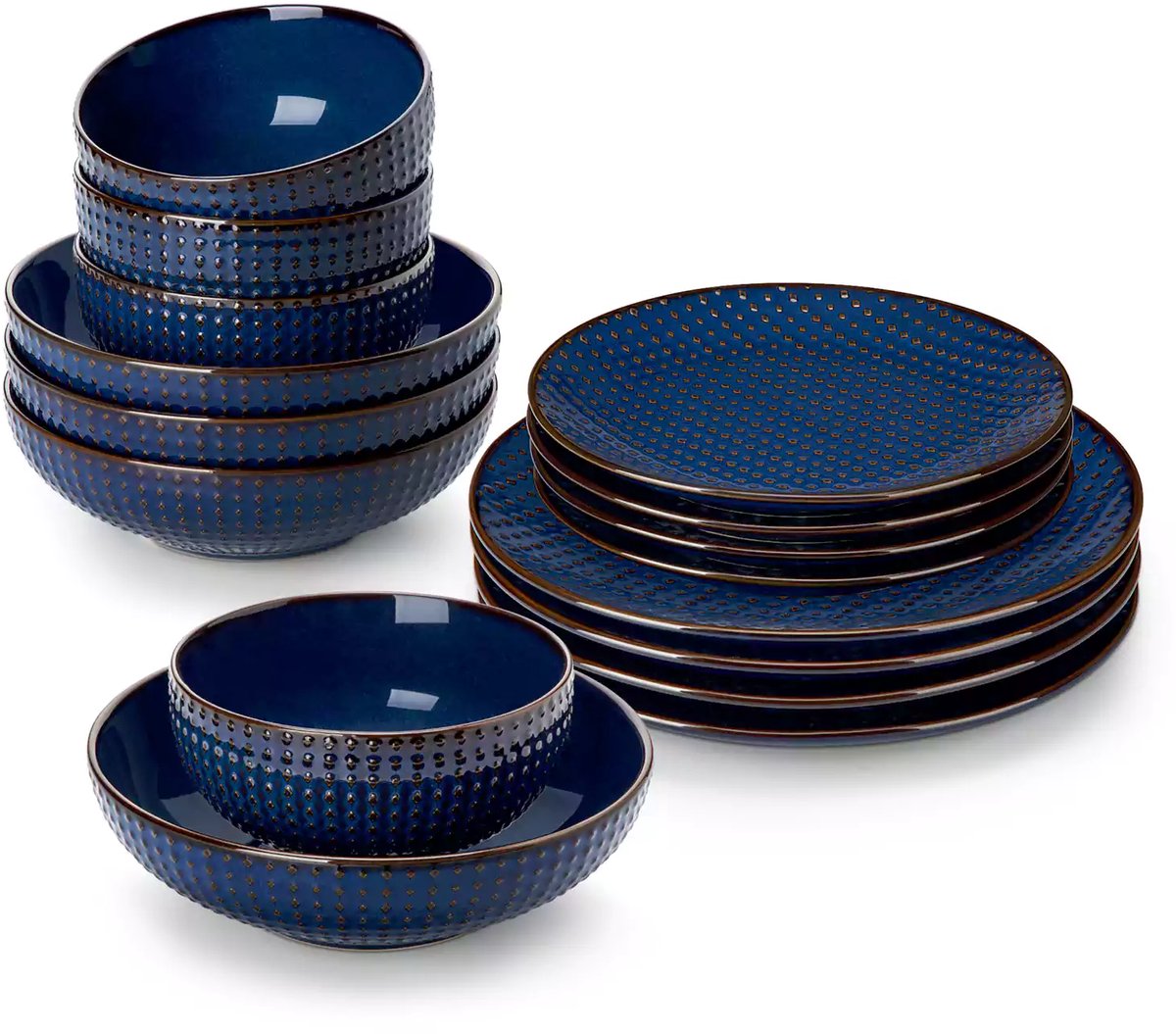 Serviesset - 4 Persoons Servies - Diamand Patroon - Keramiek - Diner- en Dessertbord - Ontbijt- en Soepkom - 16-delige Set - Blauw