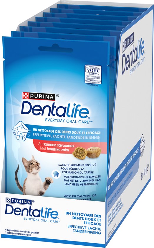Een kartonnen display met meerdere zakjes Purina Dentalife kattensnacks. Een grijze kat kijkt omhoog naar twee snacks.