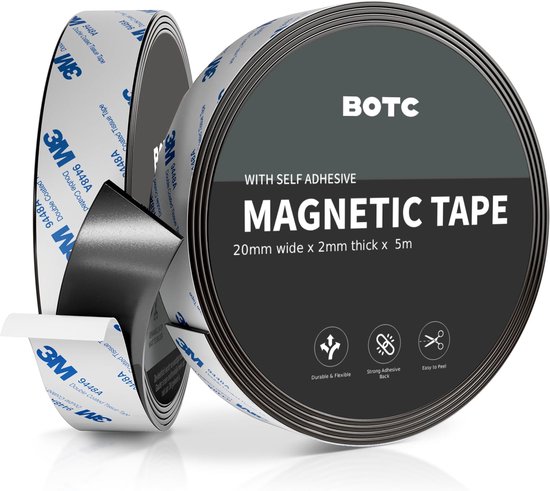 BOTC Magneetstrip zelfklevend - Magneetband met 3M Plakstrip - 5m x 2cm - Magneetband zelfklevend