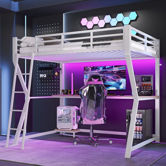 Lit mezzanine 90x200 cm - avec éclairage LED- support console ordinateur - bureau - connexion USB - sans matelas - blanc