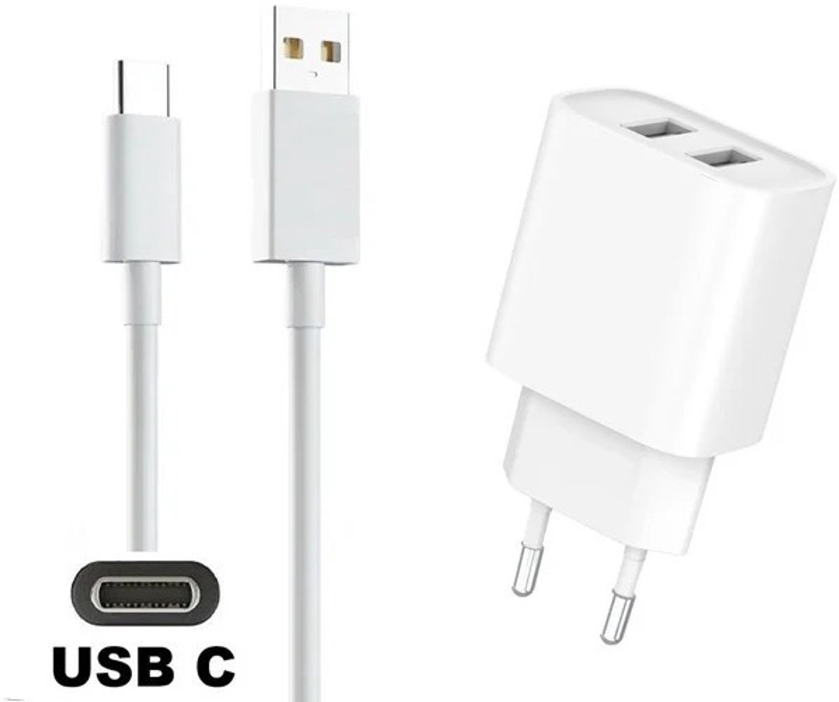 OneOne 2.4A lader met 2 poorten + 0,50m standaard USB C kabel. Oplader adapter past op Nokia C100, C110, C210, C22, C300, C310, C32, G10, G11, G11+, G21, G22, G300, G400, G42, G60