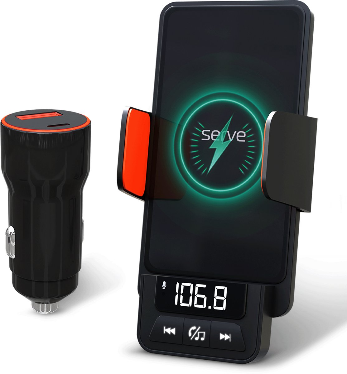 Serve FM Transmitter 3 in 1 Carkit - Telefoonhouder Auto + Draadloos Opladen - Telefoonhouders Auto Accessoires - Draadloze Snellader 15W Autolader - Ventilatie Houder