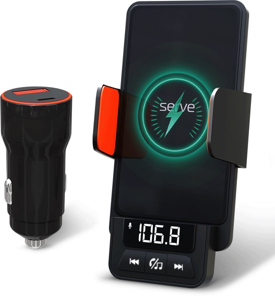 Serve FM Transmitter 3 in 1 Carkit - Telefoonhouder Auto + Draadloos Opladen - Telefoonhouders Auto Accessoires - Draadloze Snellader 15W Autolader - Ventilatie Houder