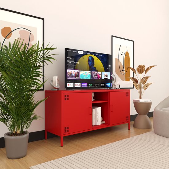 Meuble TV en métal Furni24 – Meuble bas avec 3 étagères – 130,5 x 40 x 64,5 cm, rouge