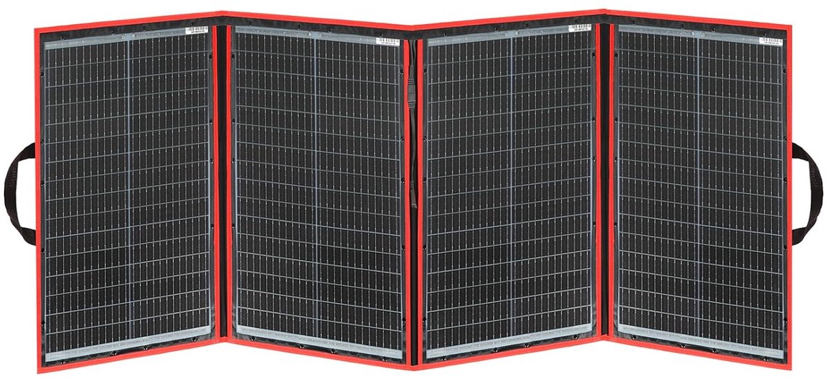 DOKIO Zonnepaneel Opvouwbaar 200W 18V Kit Monokristallijn met Zonnelaadcontroller (LCD Display + 2 USB Uitgangen) en Kabel Voor 12V Autoaccu, AGM, GEL, Loodzuuraccu, Generatoren plug and play
