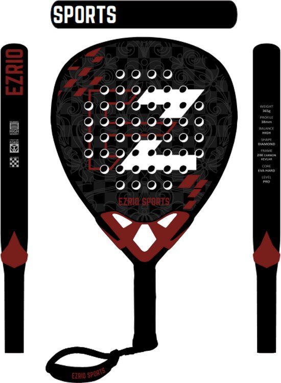 Padel Racket – Diamantvorm – 24K Carbon + Kevlar – EVA HARD Core – 365g – Gevorderde Spelers – Zwart/Donkerrood