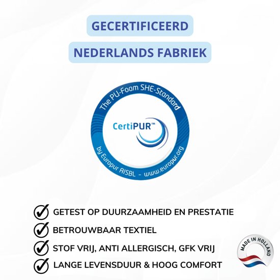 Certificering "CertiPUR" en "Made in Holland" logo. Tekst "Gecertificeerd Nederlands Fabriek" en "Getest op duurzaamheid en prestatie".