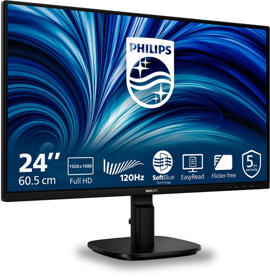 Zijkant van een zwarte Philips monitor met een stander en een scherm met blauw patroon.