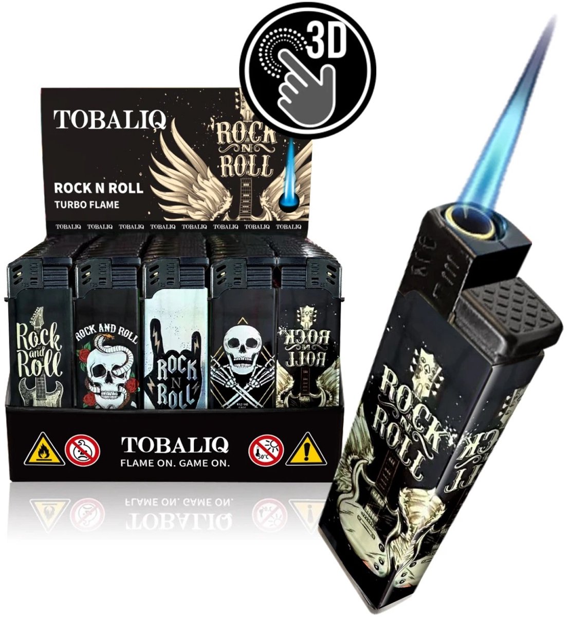 Tobaliq - Display 50 stuks- Turbo Aansteker - Design 3D JET-Motiefaansteker Rock N Roll - Aansteker - Navulbaar - Stormaansteker - Vuurwerk aansteker - BBQ