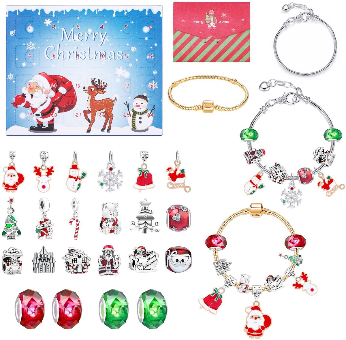 Adventskalender - Kerstkalender voor kinderen - Kerstversiering - Kerst - Kerstcadeau voor vrouwen - 2025 Meisjes Kerst Adventskalender Charm Armband Sieradenset Sieraden Maken Set Vakantie Cadeau Geschikt voor Kinderen van 5-12 Jaa