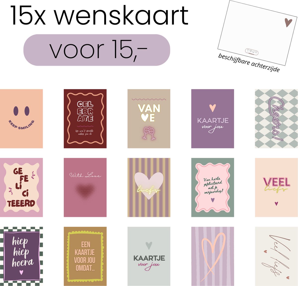 Hoya living - kaarten set - 15 stuks - Set-nr. 2 - 14.8 x 10,5 cm - achterzijde beschrijfbaar - wenskaarten - kaartjes