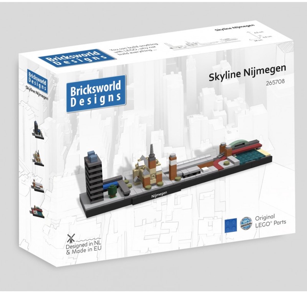 Bricksworld BOC-SKY-NIJ Architectuur Skyline Nijmegen (NL) modules Erasmusgebouw, Stevenskerk, Station & Spoorbrug. Samengesteld uit originele nieuwe LEGO® onderdelen.