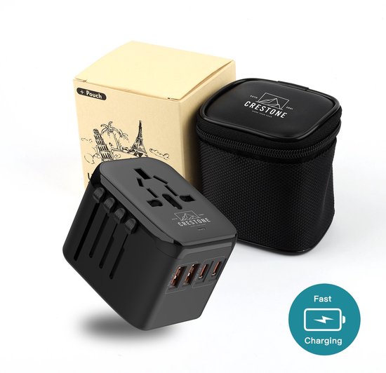 Zwarte Crestone wereldstekker met vier USB-poorten en een bijpassend reisetui.