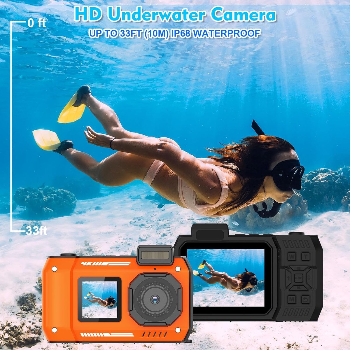 Onderwatercamera 33FT/10M 4K 48MP waterdichte camera met 32GB-kaart Dubbel scherm Robuust Stofdicht Schokbestendig Autofocus Selfie Digitale camera voor Snorkelen Duiken Sport Reizen (oranje) thumbnail 3
