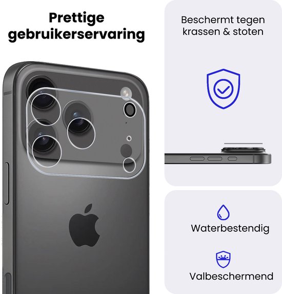 Donkergrijze iPhone met cameralensbeschermer. Rechts een illustratie van een telefoon met kras- en stootscherm en water- en valbescherming.