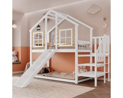 Stapelbed, houten bed met trap en spijlen, met glijbaan en raam, blokhut kinderbed met valbeveiliging, bedframe van massief hout, wit (90x200 cm)