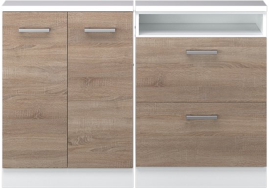 Kast met houten fronten, witte zijden, twee deuren en drie lades.