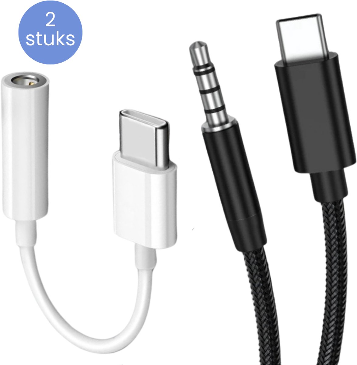 ActionStreet USB C naar Aux - Aux naar USB C - 3.5mm Jack Audio - 3.5 mm Kabel (1 meter) & Adapter - 2-Delige Set - Zwart en Wit