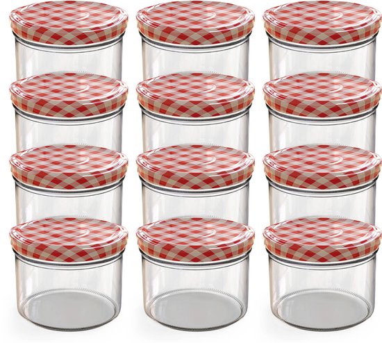 Oputec 12x 230ml inmaakpotten / voorraadpotten TO Ø 82 mm – glazen jampotten – metalen schroefdeksel rood-wit geruit – conservenpotten