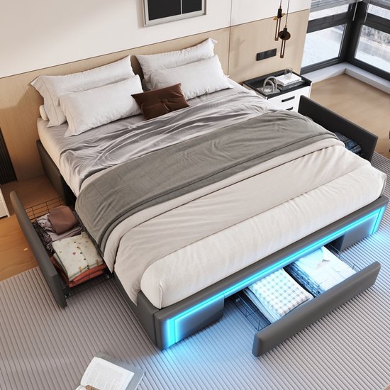 Lit 160x200 avec Sommier LED et Prise USB - Lit Double pour Adulte et