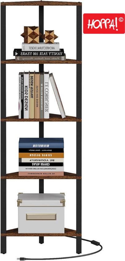 Hoppa! Armoire d'angle avec lumière LED, bibliothèque à 6 niveaux pour petit espace, marron