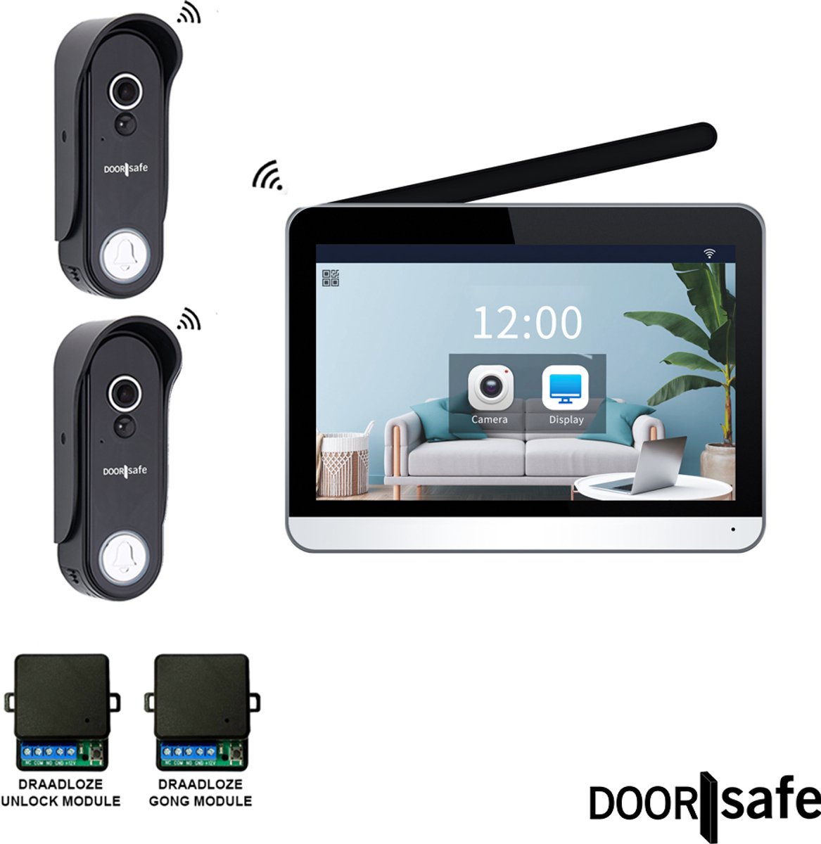 Doorsafe 4653 PRO + 2 x buiten-unit | HD draadloze camera deurbel | 7″ touchscherm | Draadloos, langer bereik (868Mhz) | 2 x Deurbel op stroom of uitneembare 7000mAh accu | Hoog resolutie beeld | Duplex audio | PIR bewegingssensor | 32Gb - Doorsafe - €328,00