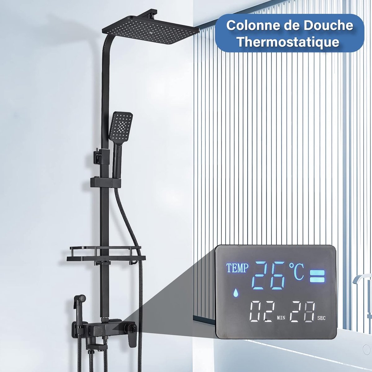 Douchesysteem met thermostaat met digitaal led-display, regendouche, handdouche, extra mondstuk en watervalkraan, roestvrij staal, verstelbare douchekolom