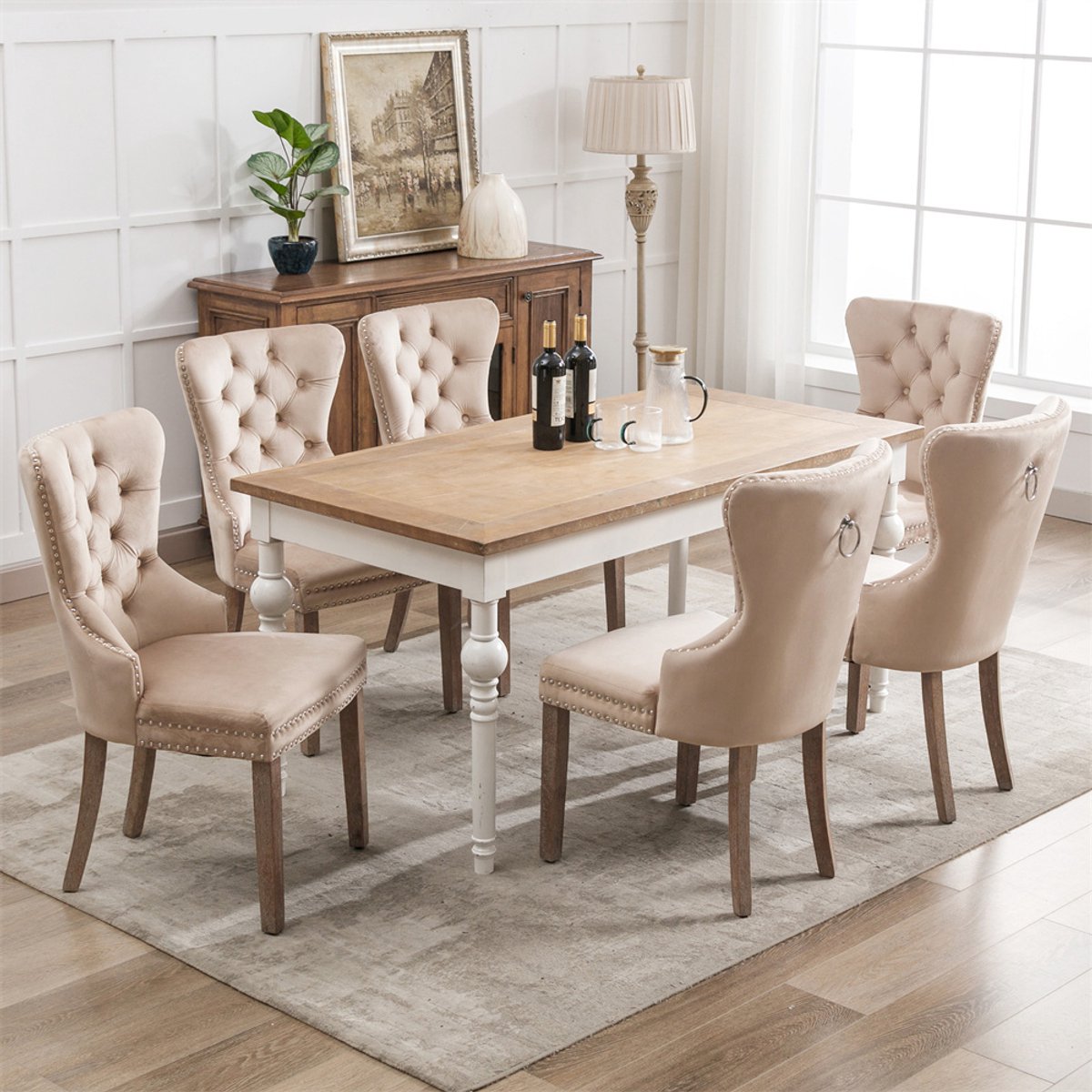 YEHTOKHOME Fluwelen Eetkamerstoelen Set van 6, Keukenstoel Woonkamerstoel met unieke deurklopper op de rugleuning, Gestoffeerde stoel met spijkerkop, Massief houten poten, Velvet bekleding, Beige