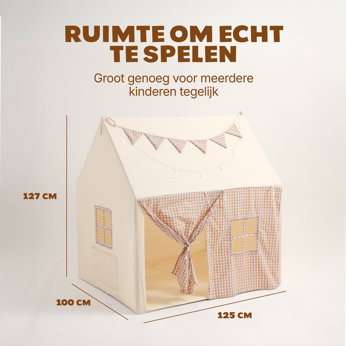 NOVOB® Speeltent - Kinder tent Jongens & Meisjes - Speelhuis voor Binnen - Kinderspeelgoed 3 t/m 8 jaar- Incl. Zachte Mat met Verlichting, 2 Vlaggetjes & Opbergvakken - Beige/Bruin — afbeelding 9