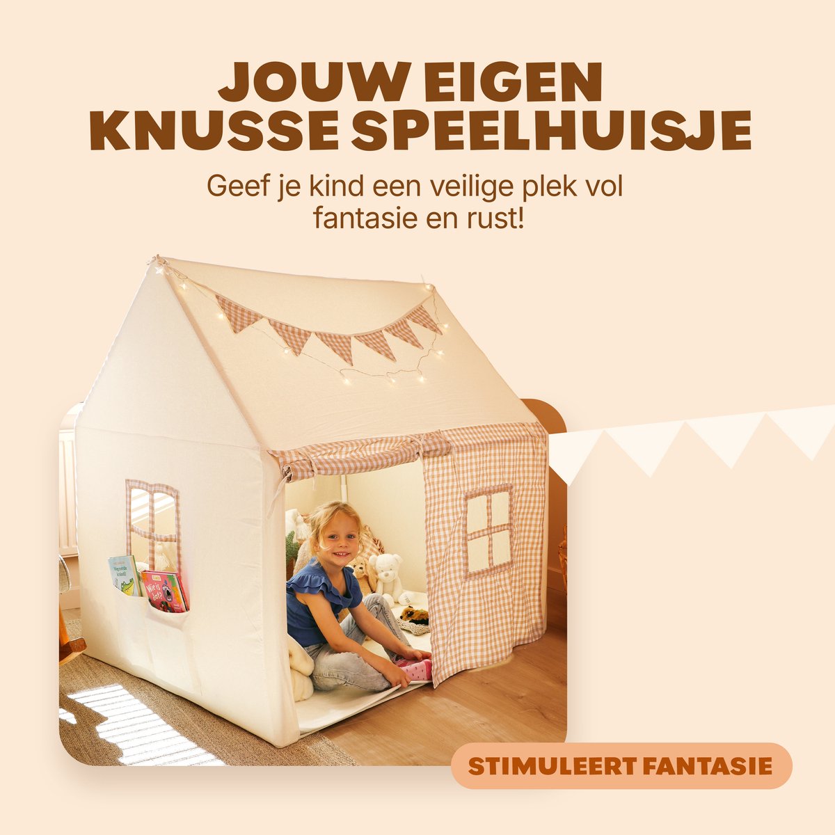 NOVOB® Speeltent - Kinder tent Jongens & Meisjes - Speelhuis voor Binnen - Kinderspeelgoed 3 t/m 8 jaar- Incl. Zachte Mat met Verlichting, 2 Vlaggetjes & Opbergvakken - Beige/Bruin — afbeelding 3