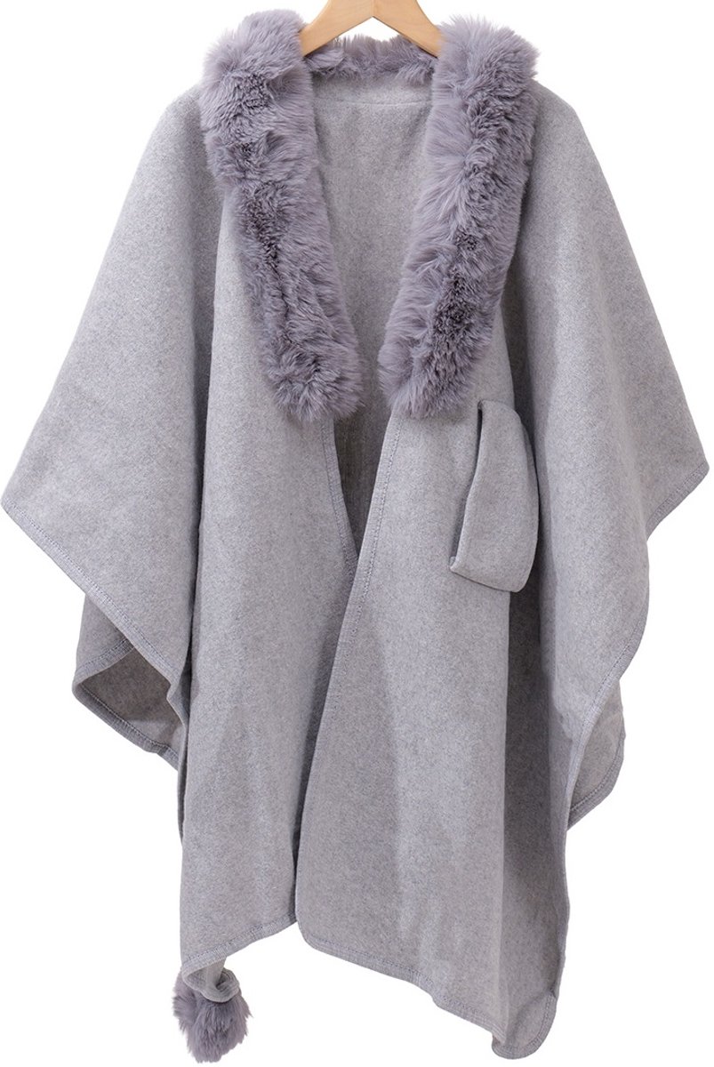 Poncho - luxe - grijs - imitatiebont - dames - elegant - warm - trendy - tijdloos