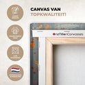 Gros plan de la texture et du bord d'une peinture sur toile représentant une fleur dorée abstraite, avec le texte 'Qualité de toile supérieure'.