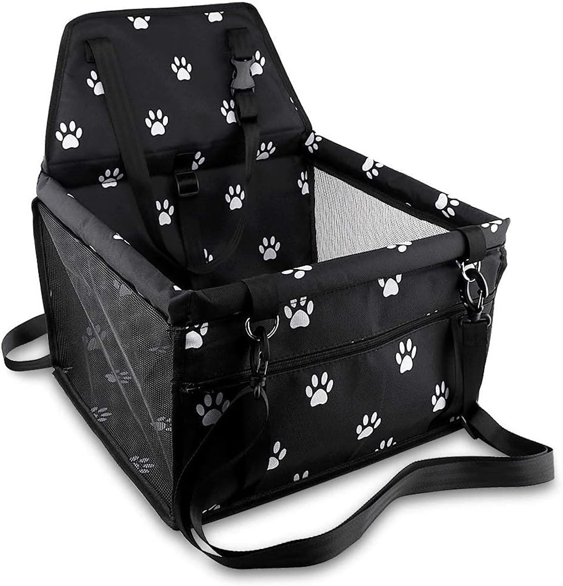 Huisdierstoel – Huisdierverhoger Autostoel – Geschikt voor Honden en Katten – Draagbare Ademende Tas – Met Veiligheidsriem – Honden Draagtas – Veilig en Stabiel – Geschikt voor Reizen – Met Clip-On Riem en PVC Buis – Zwart