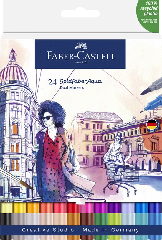 Emballage de 24 marqueurs doubles Faber-Castell Goldfaber Aqua avec illustration aquarelle d'une femme.