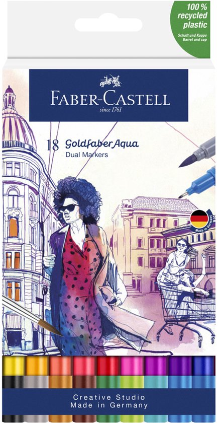 Emballage de 18 marqueurs doubles Faber-Castell Goldfaber Aqua avec une illustration aquarelle d'une femme portant des lunettes de soleil.