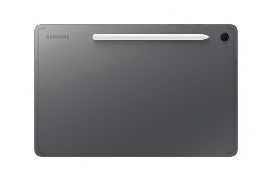 Grijze Samsung Galaxy Tab S10 Lite, achterkant met S Pen en camera.