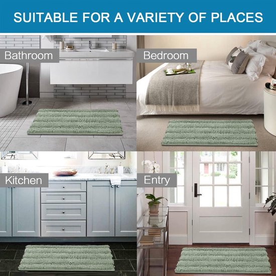 Saliegroen gestreept chenille tapijt, geschikt voor badkamer, slaapkamer, keuken en hal.