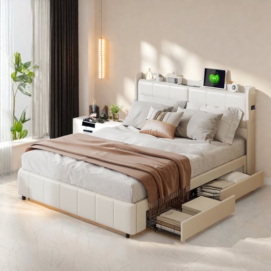 Tweepersoonsbed 160x200 cm – Wit Kunstleer – 4 Laden & USB Oplaadpunt