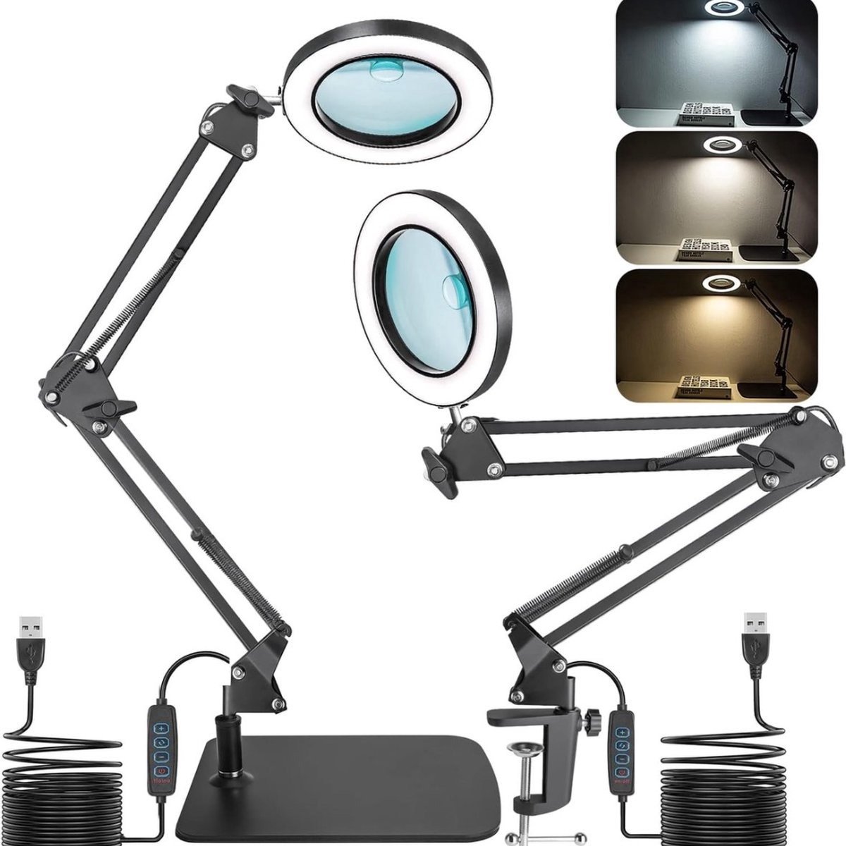 WNHB® 2-in-1 LED Vergrootglas met Licht en Standaard - Vergrootlamp met Klem en Basis - Dimbare Bureaulamp met 3 Kleurmodi voor Hobby Knutselen en Werkplek