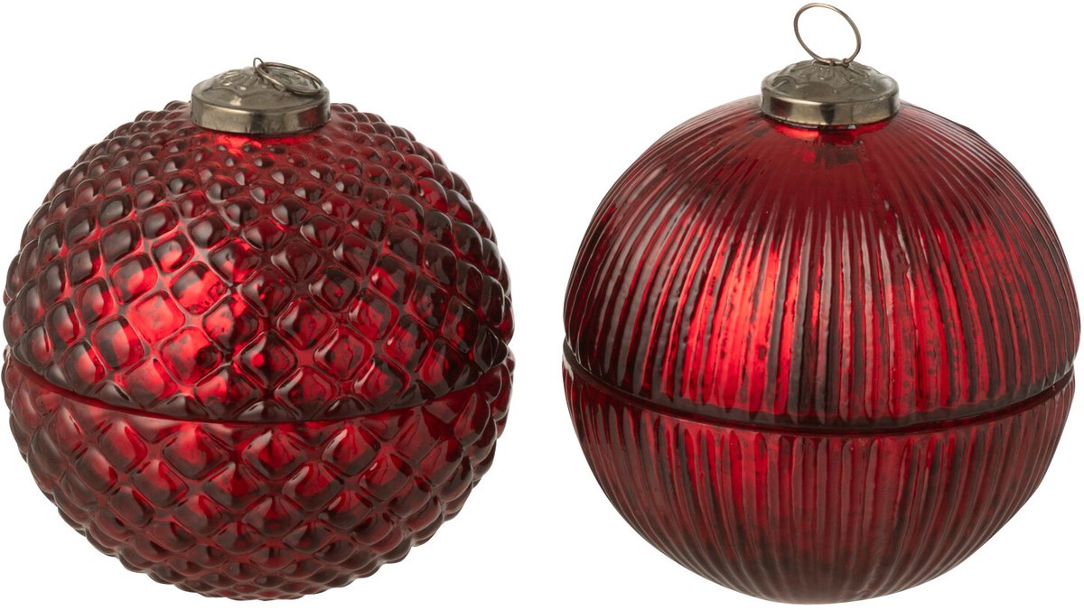 J-Line geurkaars Kerstbal - glas - bordeaux - small - 2 stuks Rood