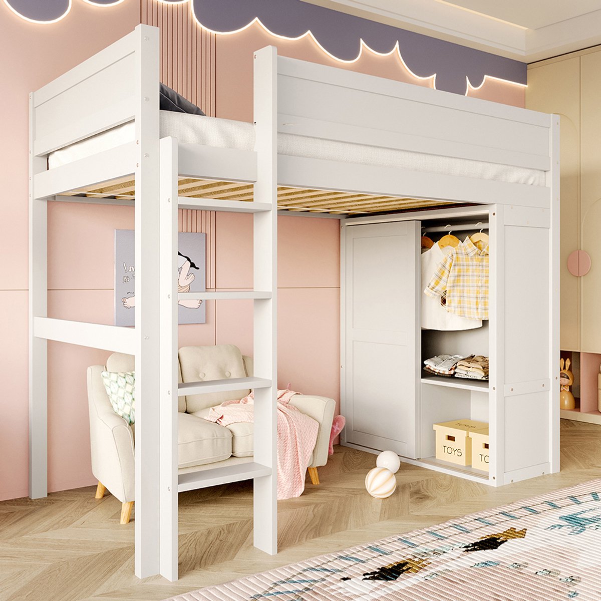 KOMHTOM Stapelbed 90*200 cm, multifunctioneel kinderbed, voorzien van een kast, een opbergvak, een open opbergruimte onder het bed, zonder matras, grenenhout, wit