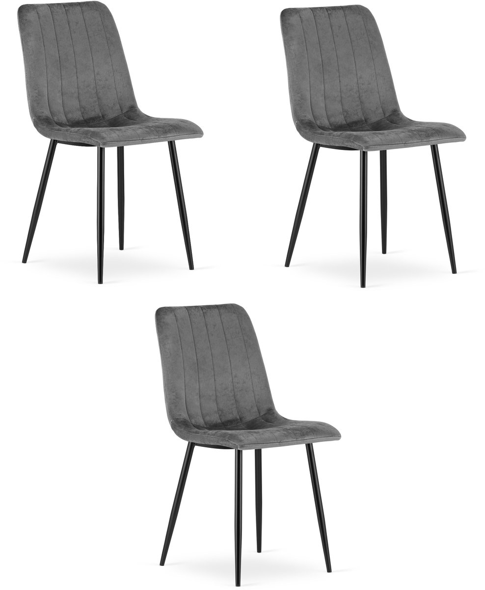 LEOBERT Set van 3 Eetkamerstoelen LAVA - Donkergrijs - Zwarte Metalen Poten - Velvet Bekleding - Industriële Stijl, Max. 110 kg, Ergonomisch Design, Comfortabele Zitting donkergrijs / zwart
