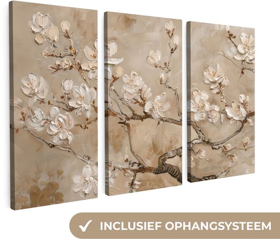 Canvas schilderij set 150x100 cm - Wanddecoratie drieluik - Beige - Bloesem - Modern - Muurdecoratie woonkamer - Slaapkamer decoratie - Kamer accessoires - Schilderijen op canvas
