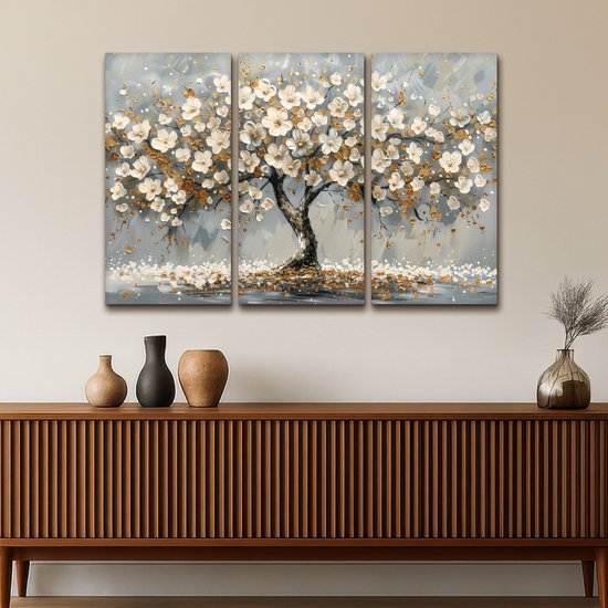Ensemble de peintures sur toile 120x80 cm - Décoration murale triptyque - Arbre - Abstrait - Wit - Fleur - Décoration murale salon - Décoration chambre - Accessoires chambre - Peintures sur toile