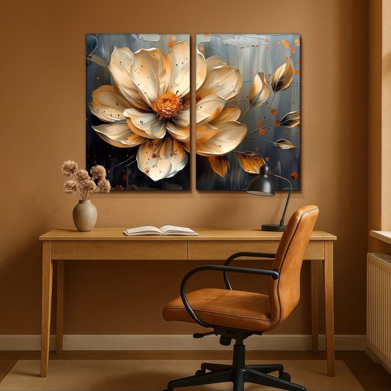 Ensemble de peinture sur toile 120x90 cm - Décoration murale diptyque - Bloem - Or - Abstrait - Peinture - Décoration murale salon - Décoration chambre - Accessoires chambre - Peintures sur toile
