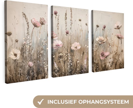 Canvas schilderij set 120x60 cm - Wanddecoratie drieluik - Bloemen - Beige - Modern - Roze - Muurdecoratie woonkamer - Slaapkamer decoratie - Kamer accessoires - Schilderijen op canvas