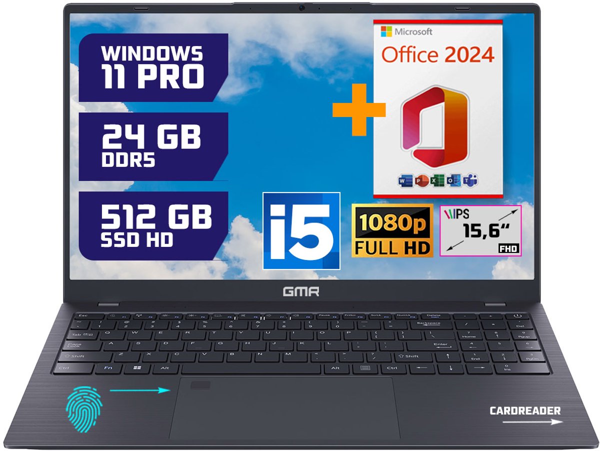 GMR - 15.6 Inch Full HD Laptop - Intel Core i5 - 24GB DDR5 RAM - 512GB SSD - Office 2024 - Windows 11 Pro voor Thuis, Office en Studie notebook