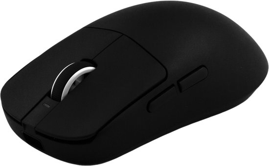 Zwarte draadloze gaming muis met scrollwiel en zijknop, op een witte achtergrond.