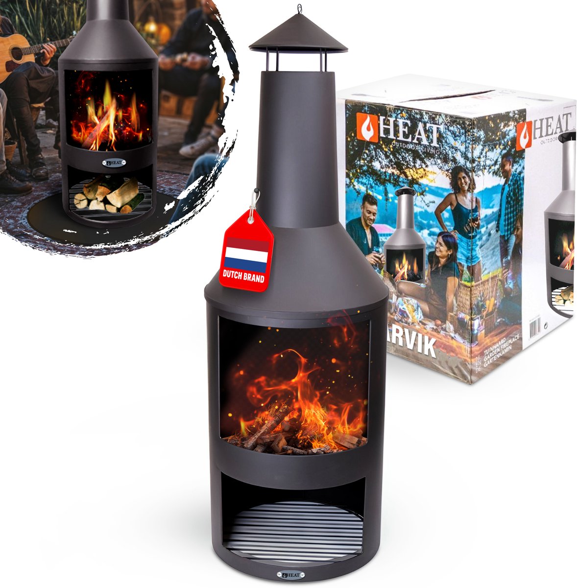 Bol.com HEAT Outdoor Living Larvik Tuinhaard met Houtopslag - Zwart - Gepoedercoat Metaal - Terraskachel - Tuinhaard voor Sfeerv... aanbieding