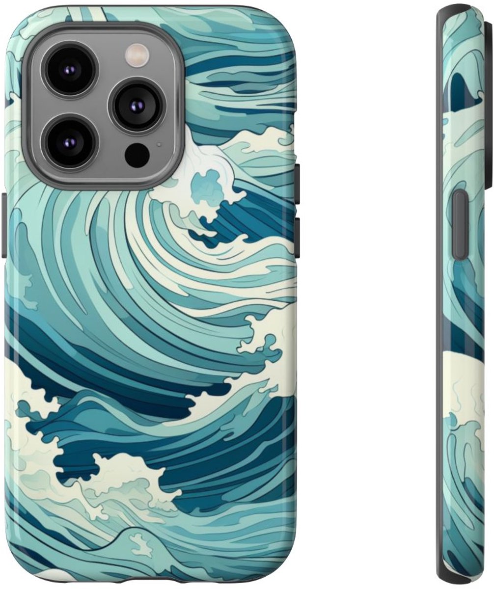 Ocean Wave Patroon – Glanzend Stevig Telefoonhoesje Geschikt voor iPhone 14 Pro